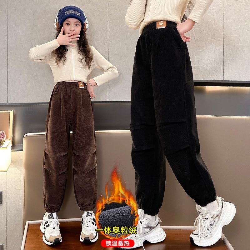 女童加絨褲子秋冬款外穿一體絨運動褲加厚大童休閒褲冬季兒童棉褲