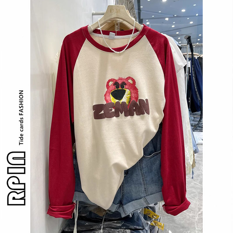 RPIN特大碼300斤撞色拼接草莓熊印花長袖T恤女秋季新款寬鬆上衣