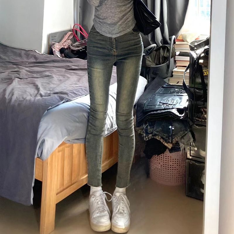 復古藍色彈力牛仔褲女冬季高腰顯瘦小個子修身鉛筆褲小腳褲長褲潮