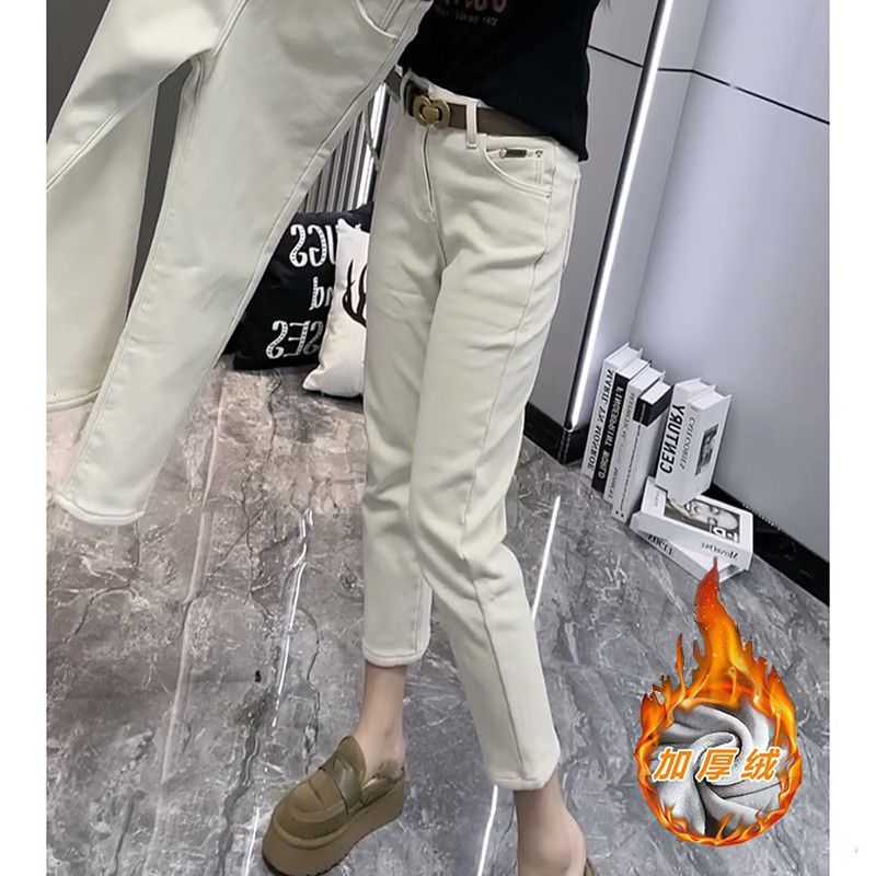 梨形身材微胖大碼女裝直筒煙管牛仔褲子女2023年冬季新款加絨加厚