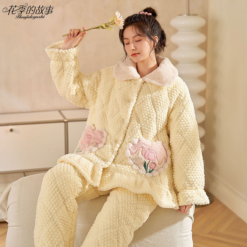 花季的故事新款睡衣女三層夾棉冬季巨厚棉襖套裝保暖慵懶風家居服