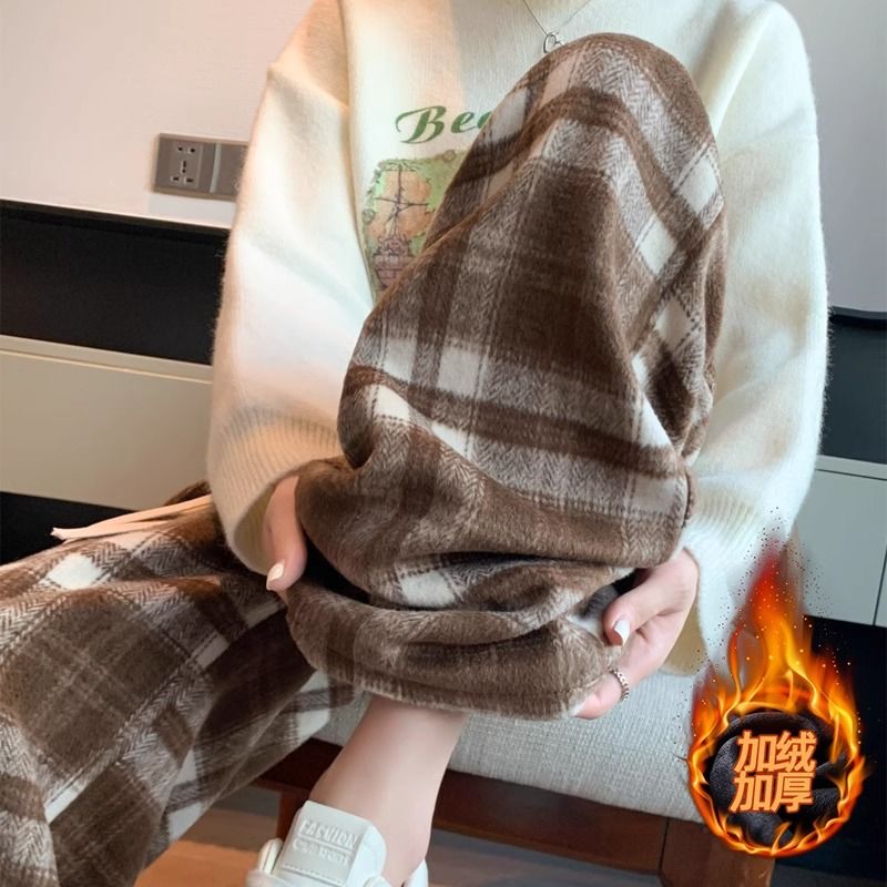 復古風磨毛呢子加絨格紋闊腿褲男女秋冬美式垂感直筒拖地休閒長褲