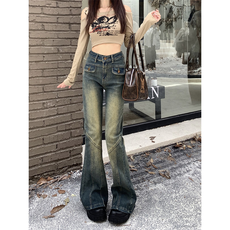 辣妹美式復古微喇牛仔褲女秋冬新款修身顯瘦小眾微喇高腰牛仔褲子