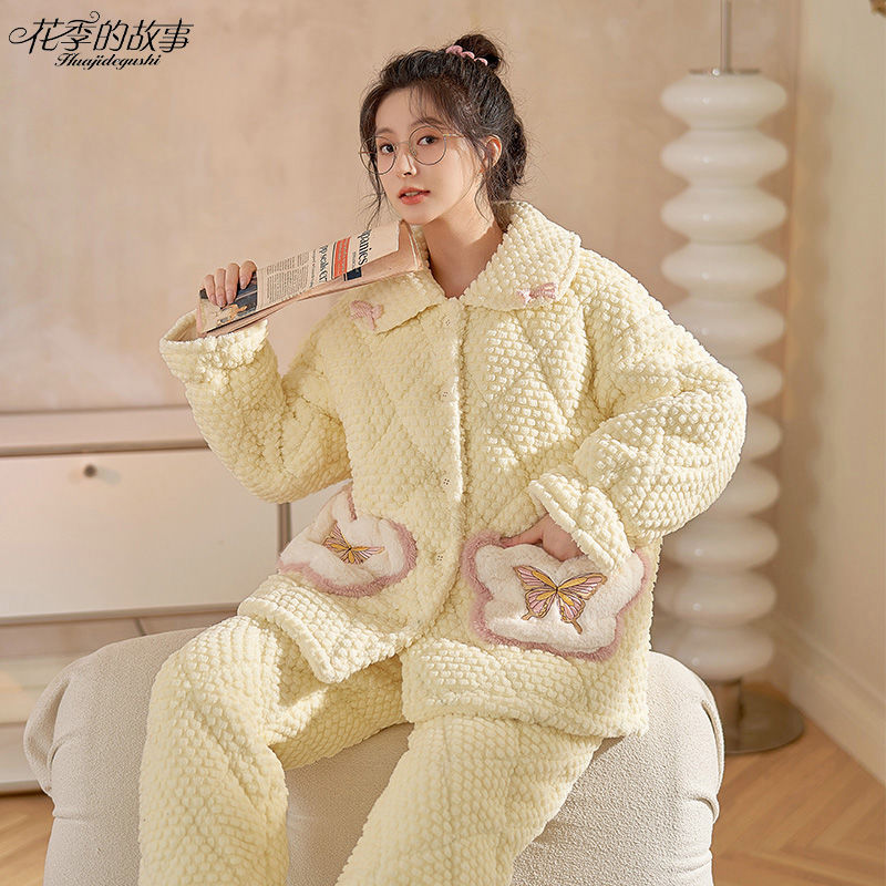 花季的故事睡衣女三層夾棉冬季超厚棉襖套裝保暖甜美小清新家居服
