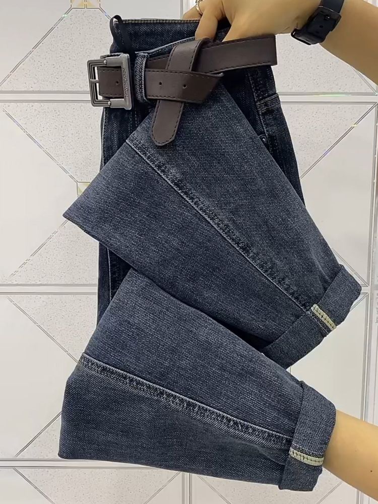 灰藍色哈倫大碼牛仔褲女胖妹妹梨型身材遮肉秋裝寬鬆顯瘦小腳長褲
