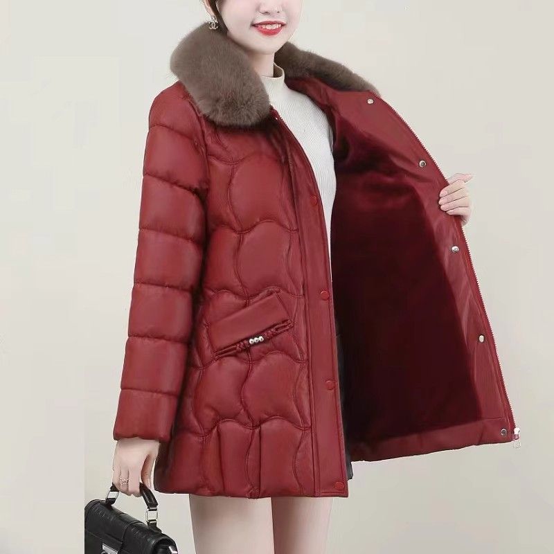 時尚中年媽媽PU皮棉衣外套女中長款紅色本命年小個子加絨厚棉服襖