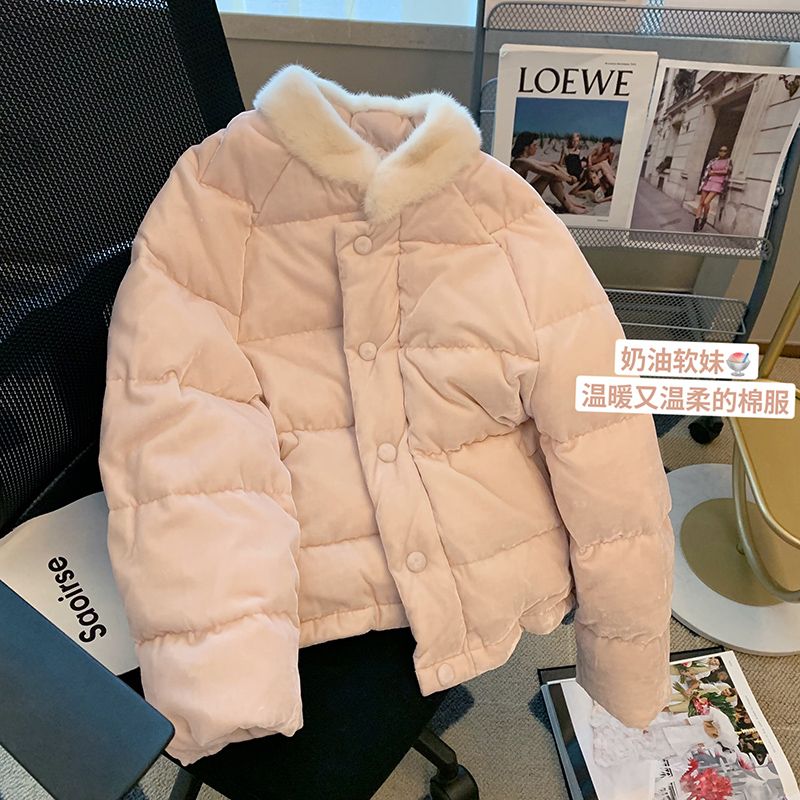 粉色立領短款麵包服女冬小個子2023新款甜美洋氣加厚保暖棉服外套