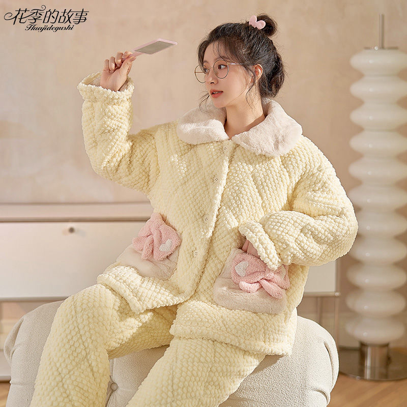 花季的故事三層夾棉睡衣女冬天特厚棉襖套裝保暖甜美宮廷風家居服