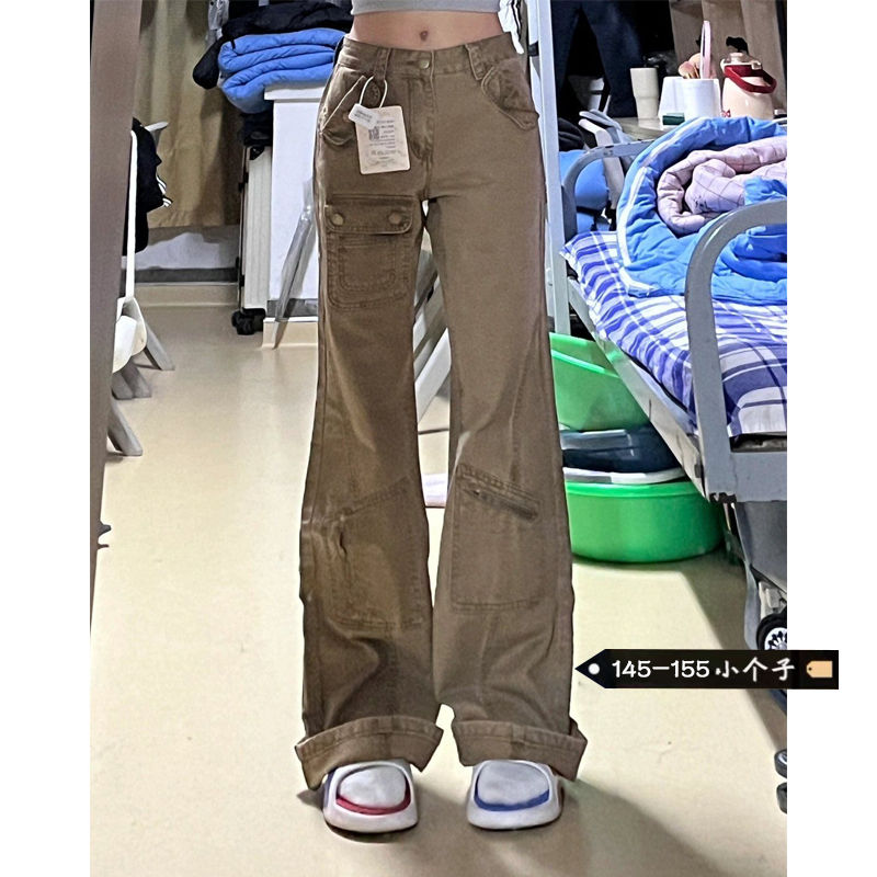 小個子美式復古卡其色工裝牛仔褲女低腰顯瘦寬鬆闊腿拖地長褲子潮