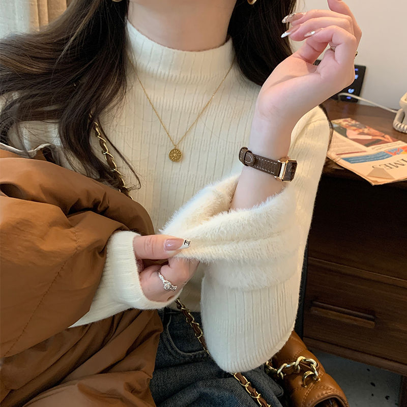 加絨毛衣女秋冬一體絨半高領打底衫2023新款保暖加絨加厚針織上衣