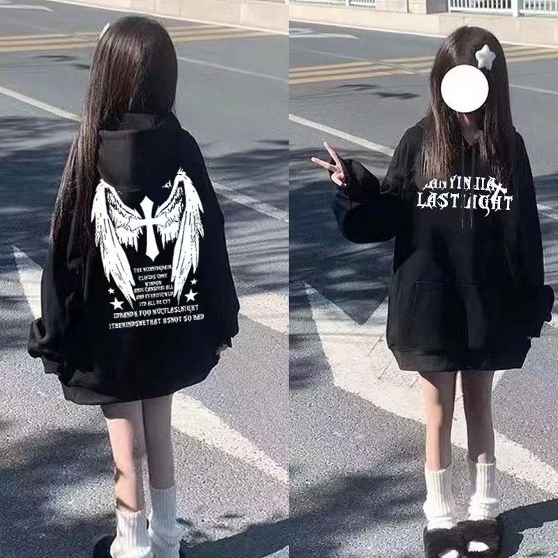 美式高街潮牌十字架翅膀印花2023秋冬黑色連帽衛衣新款百搭上衣