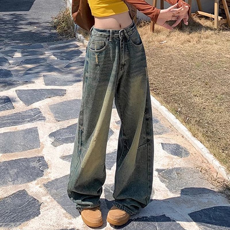 美式復古闊腿牛仔褲女小個子高腰寬鬆百搭直筒顯瘦垂感拖地長褲潮