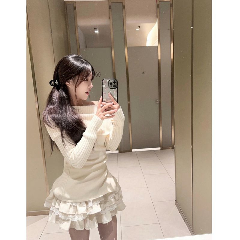 【兩件套裝】甜美修身一字肩蝴蝶結毛衣針織衫女+高腰蛋糕半身裙