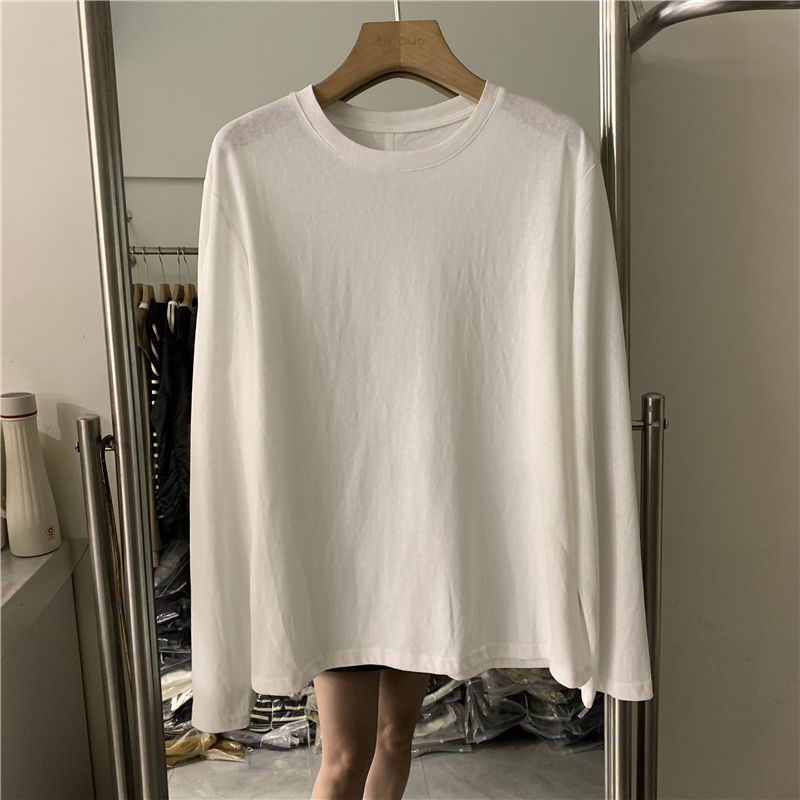 100% pure cotton white bottoming shirt for women spring and autumn new long-sleeved Korean style loose and stylish round neck T-shirt top