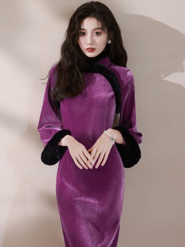 紫色改良旗袍女2023冬款女新中式新年加厚高級感復古氣質日常保暖