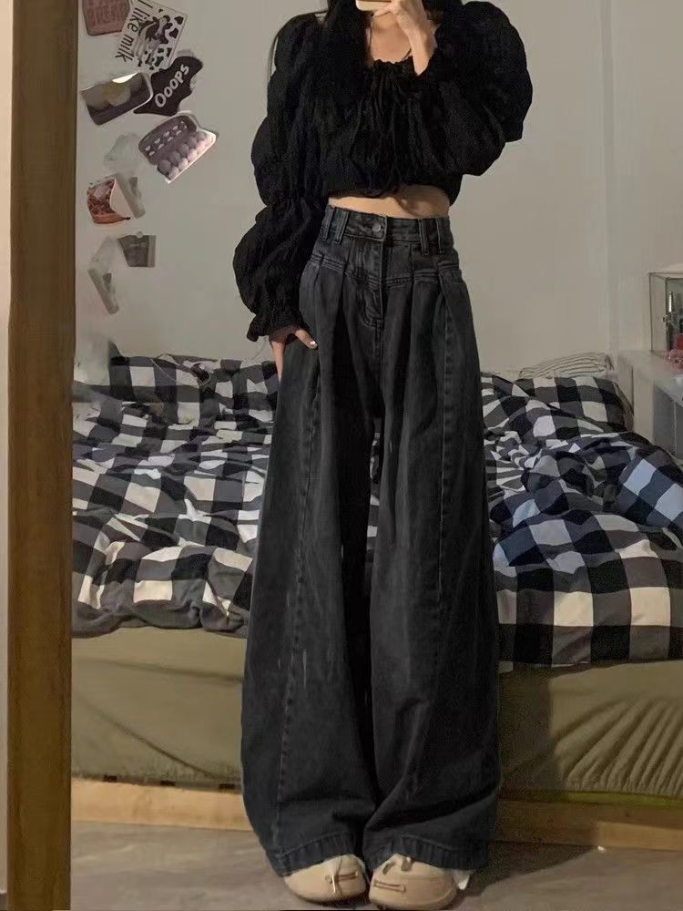 黑灰色大闊腿牛仔褲女秋冬季新款高腰寬鬆遮胯顯瘦喇叭拖地褲子潮