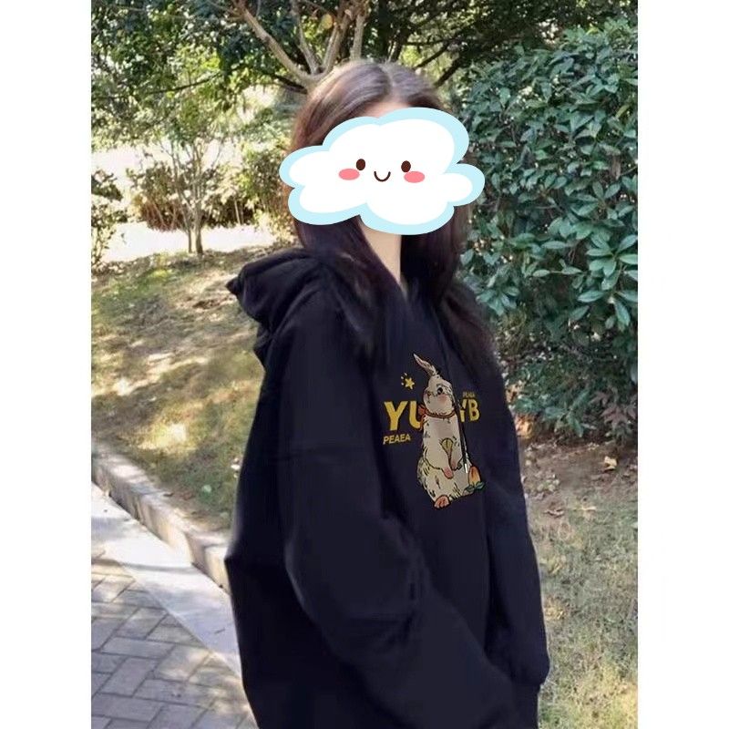 秋冬季ins風潮流美式黑色小眾卡通兔子連帽衛衣男女百搭上衣外套