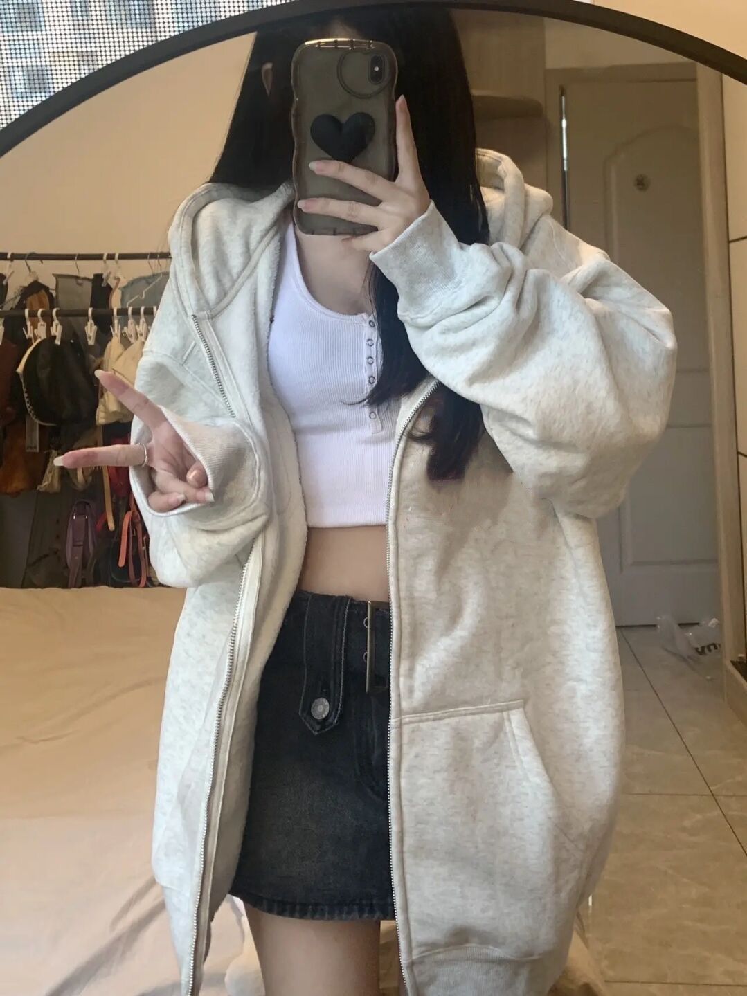 美式復古灰白色潮牌外穿連帽衛衣女春秋寬鬆慵懶風百搭開衫外套潮