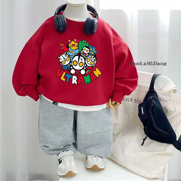 Men's and women's clothing for small and medium-sized children, autumn and winter new velvet tops, Korean printed long-sleeved sweatshirts, coats, Ultraman clothes