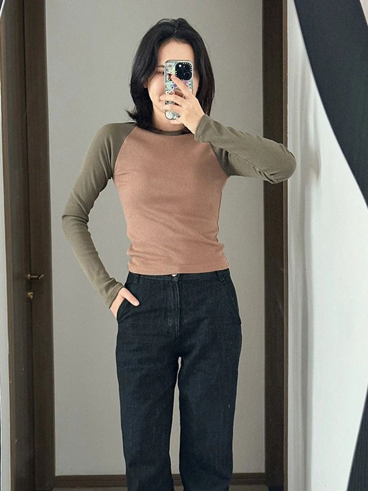 韓版洋氣撞色長袖圓領套頭超減齡早秋新款女裝修身氣質短款上衣女