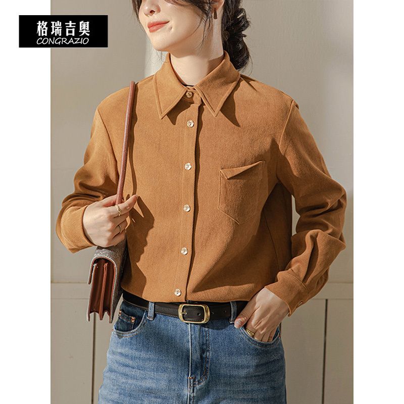 CONGRAZIO/格瑞吉奧設計感翻折口袋復古法式長袖襯衫秋新款上衣女