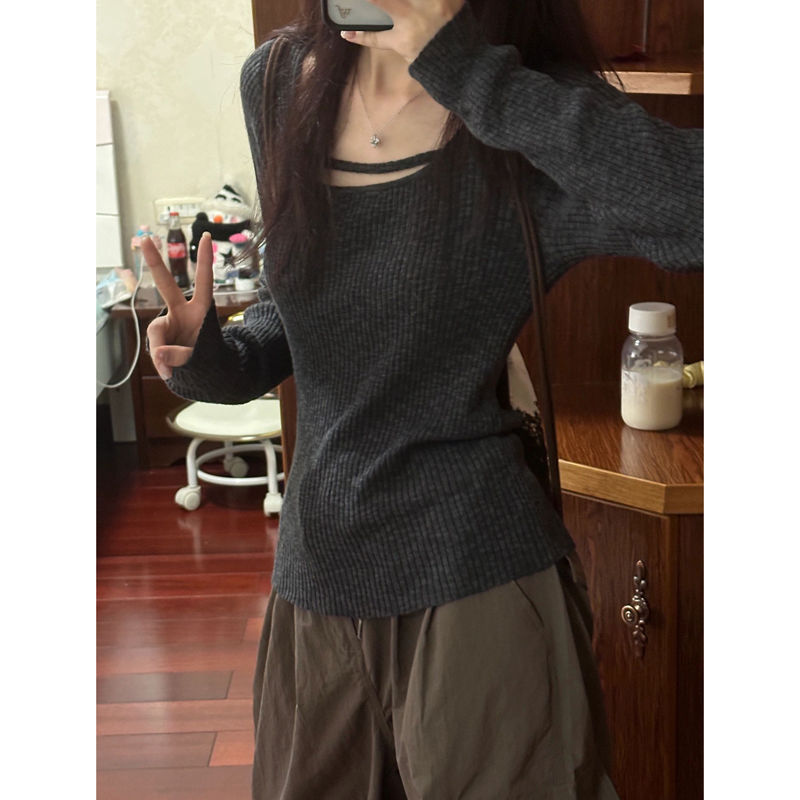 秋季極簡純色針織衫女花灰色修身內搭小心機顯瘦高級感時髦上衣潮