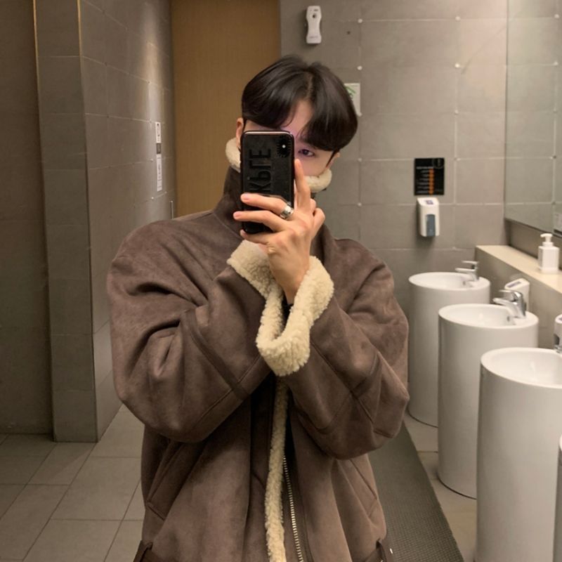 麂皮絨棉服男冬季2023新款羊羔毛翻領外套美拉德穿搭加絨加厚棉衣