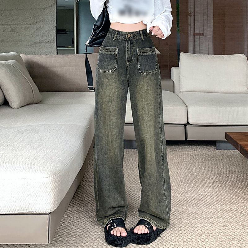 洋氣顯瘦闊腿牛仔褲2023秋冬新款美式復古寬鬆女直筒垂感拖地褲子