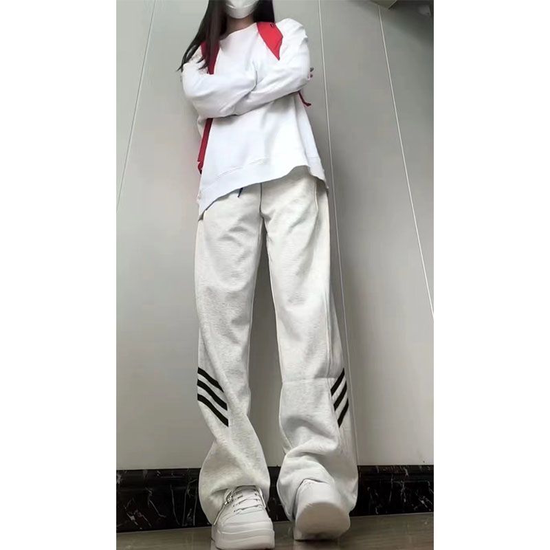 美式白灰色運動褲女秋季高腰復古寬鬆垂感休閒衛褲百搭直筒闊腿褲