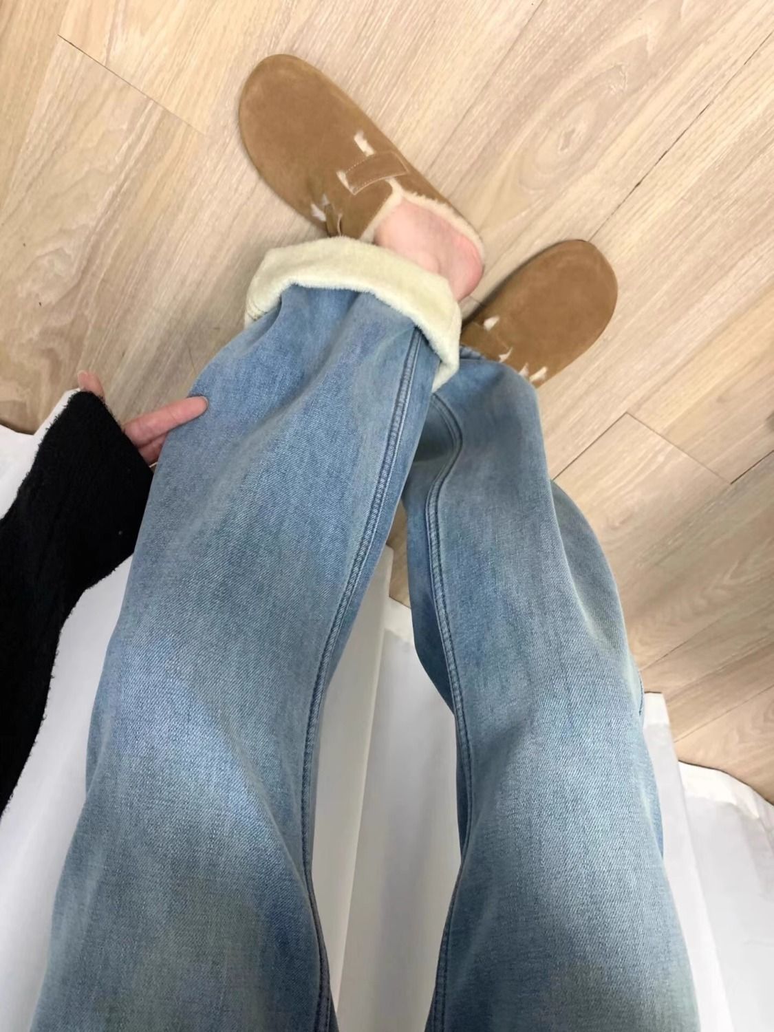小個子加絨加厚復古藍色直筒牛仔褲女秋冬新款寬鬆大碼保暖闊腿褲