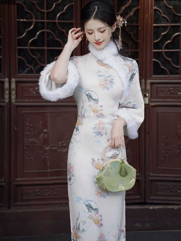 高級性感新中式毛領改良旗袍禮服女秋冬季御姐氣質修身包臀連衣裙