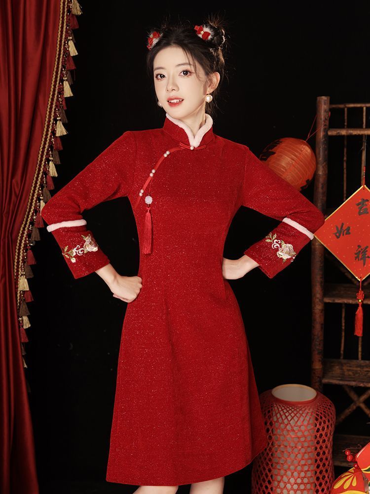 拜年服過年小襖旗袍2023年新款少女長袖加絨加厚連衣裙小個子冬季