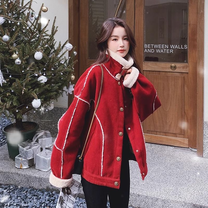 新年战袍红色羊羔拼接美式复古派克棉服女冬季加绒加厚中国风外套
