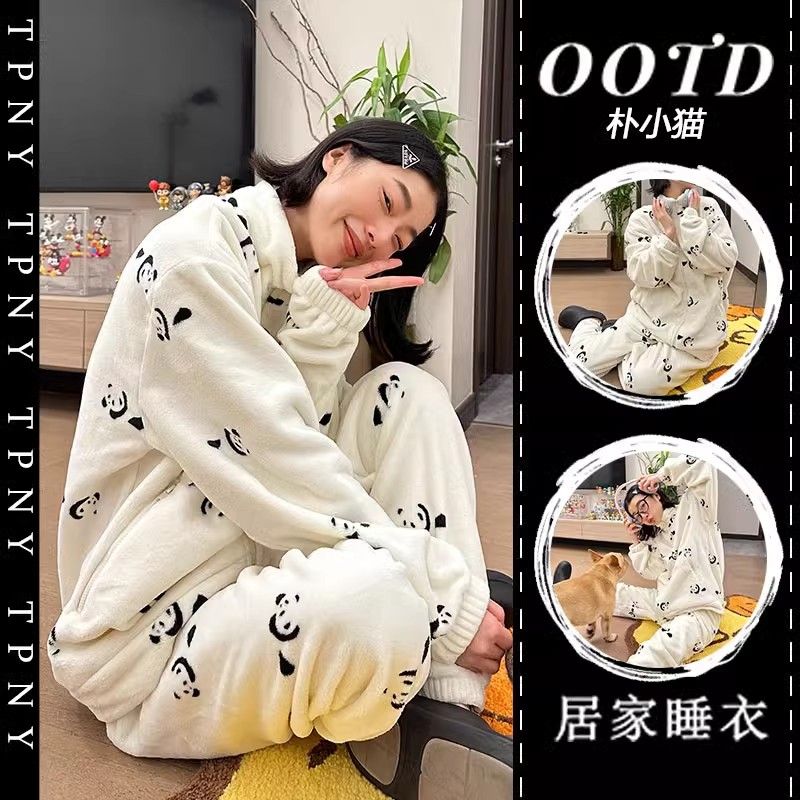 可愛熊貓印花珊瑚絨加厚加絨長袖睡衣女冬季新款保暖家居服套裝