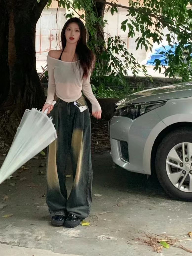 美式做舊復古漸變牛仔褲女秋冬新款高腰寬鬆顯瘦垂感闊腿拖地褲子