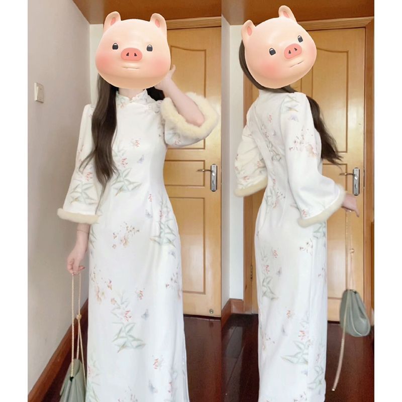 新中式國風旗袍改良加絨連衣裙女秋冬高級感加厚復古氣質長裙子女