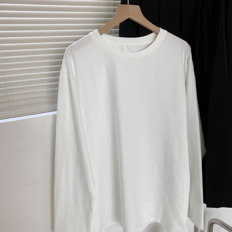 Pure cotton white t-shirt women's long-sleeved new Korean style loose round neck student versatile white long-sleeved bottoming shirt solid color