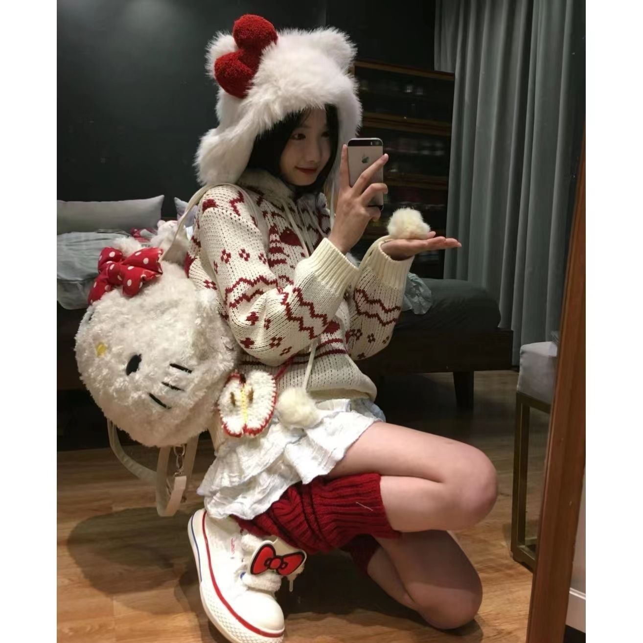 秋冬高顏值HelloKitty毛絨包包2024新款大容量可愛雙肩包通勤背包