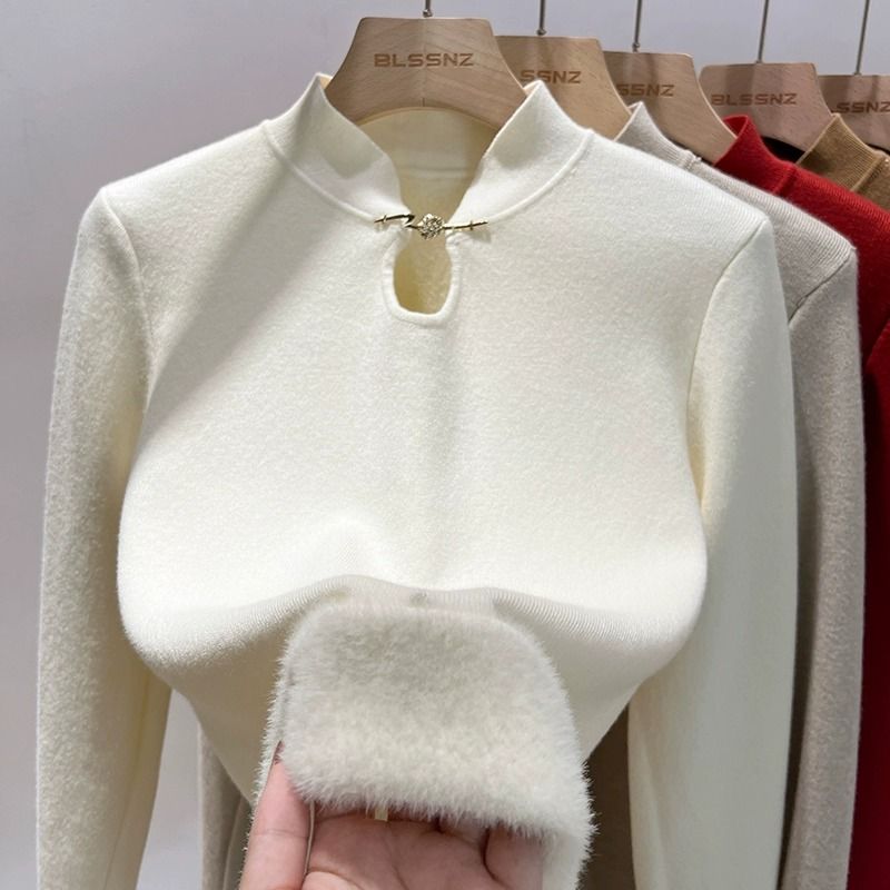 新中式盤扣上衣女秋冬季內搭2023新款加絨加厚一體絨打底衫女毛衣