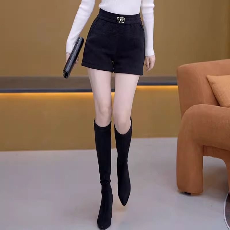雪尼爾短褲女2023新款秋冬高腰休閒百搭a字褲子黑色加厚外穿靴褲