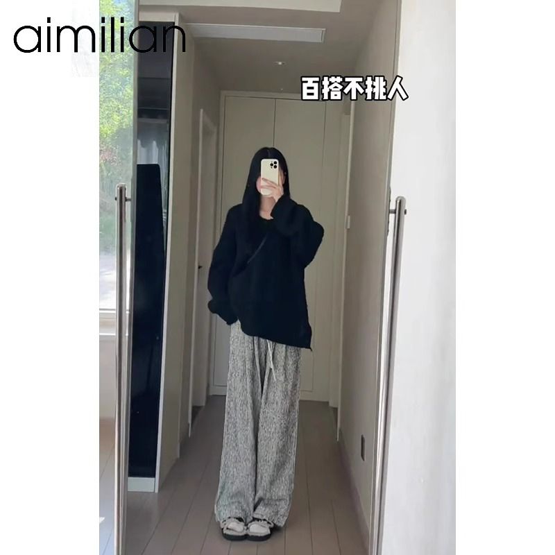 aimilian慵懒风条纹毛呢阔腿裤女秋冬宽松加绒加厚休闲拖地长裤子