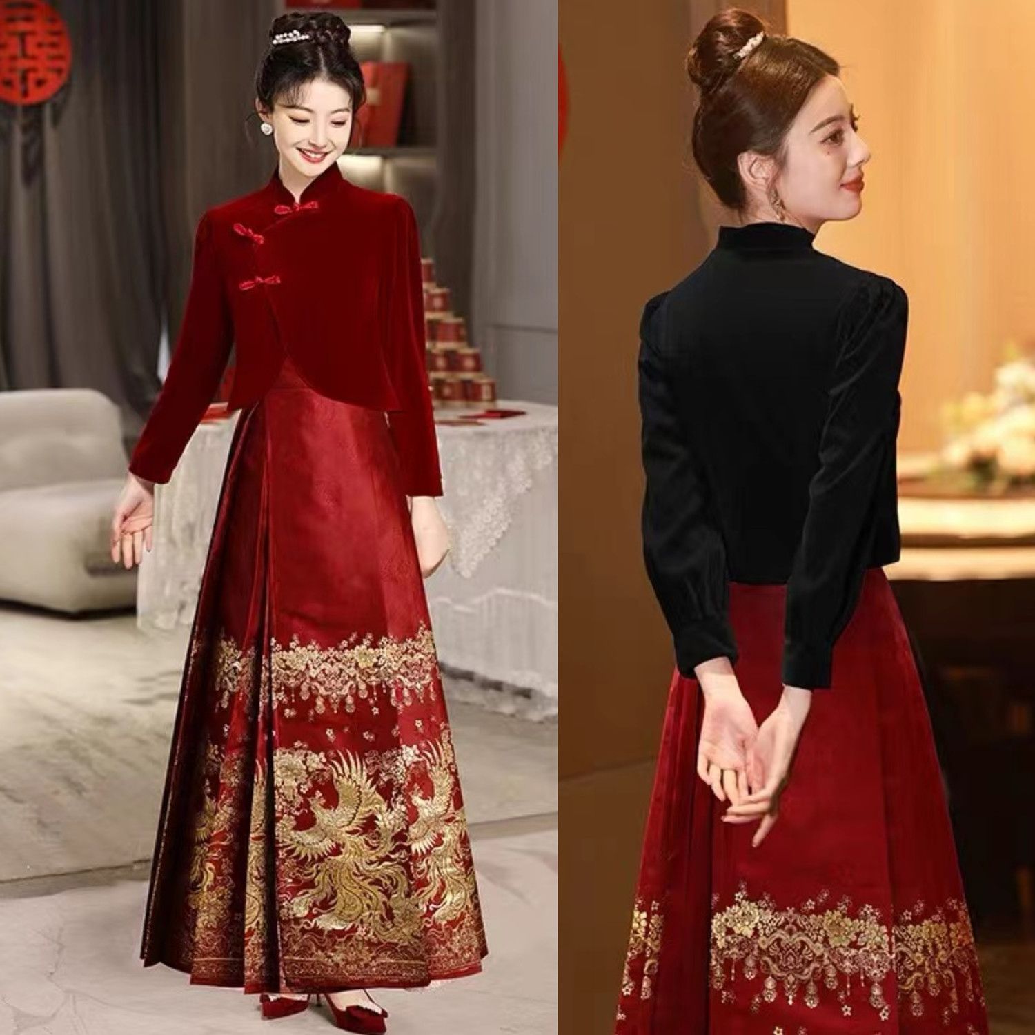 大碼胖mm馬面裙敬酒服新娘女秋冬新中式婚服訂婚禮服裙套裝200斤