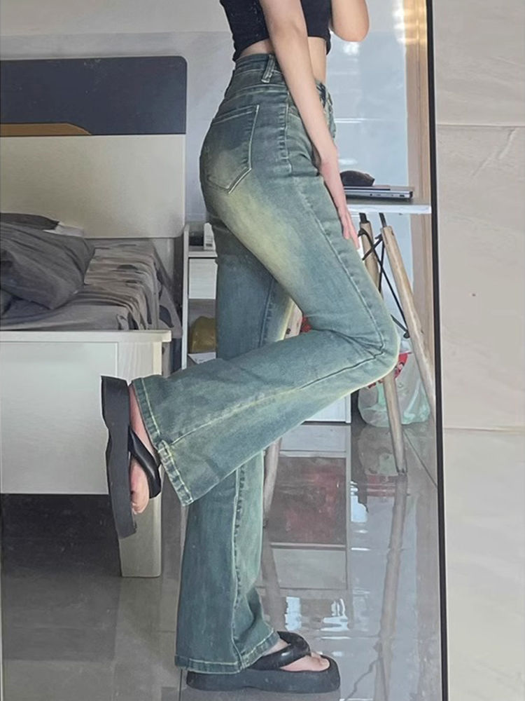 做舊黃泥染微喇叭牛仔褲女冬季新款高腰彈力修身顯瘦百搭直筒褲子