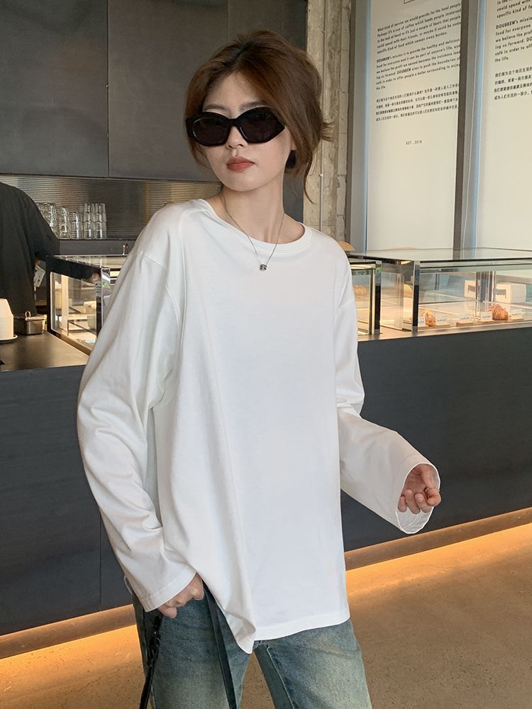 100%純棉白色打底衫女春秋新款長袖內搭韓版寬鬆洋氣圓領T恤上衣