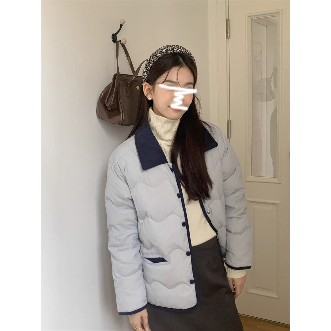 韓系拼色燈芯絨翻領休閒款洋氣棉服女冬季設計感百搭保暖外套棉襖