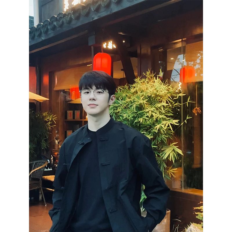 New Chinese-style Tang suit shirt for men in spring and autumn niche design buttoned long-sleeved stand-up collar loose shirt top