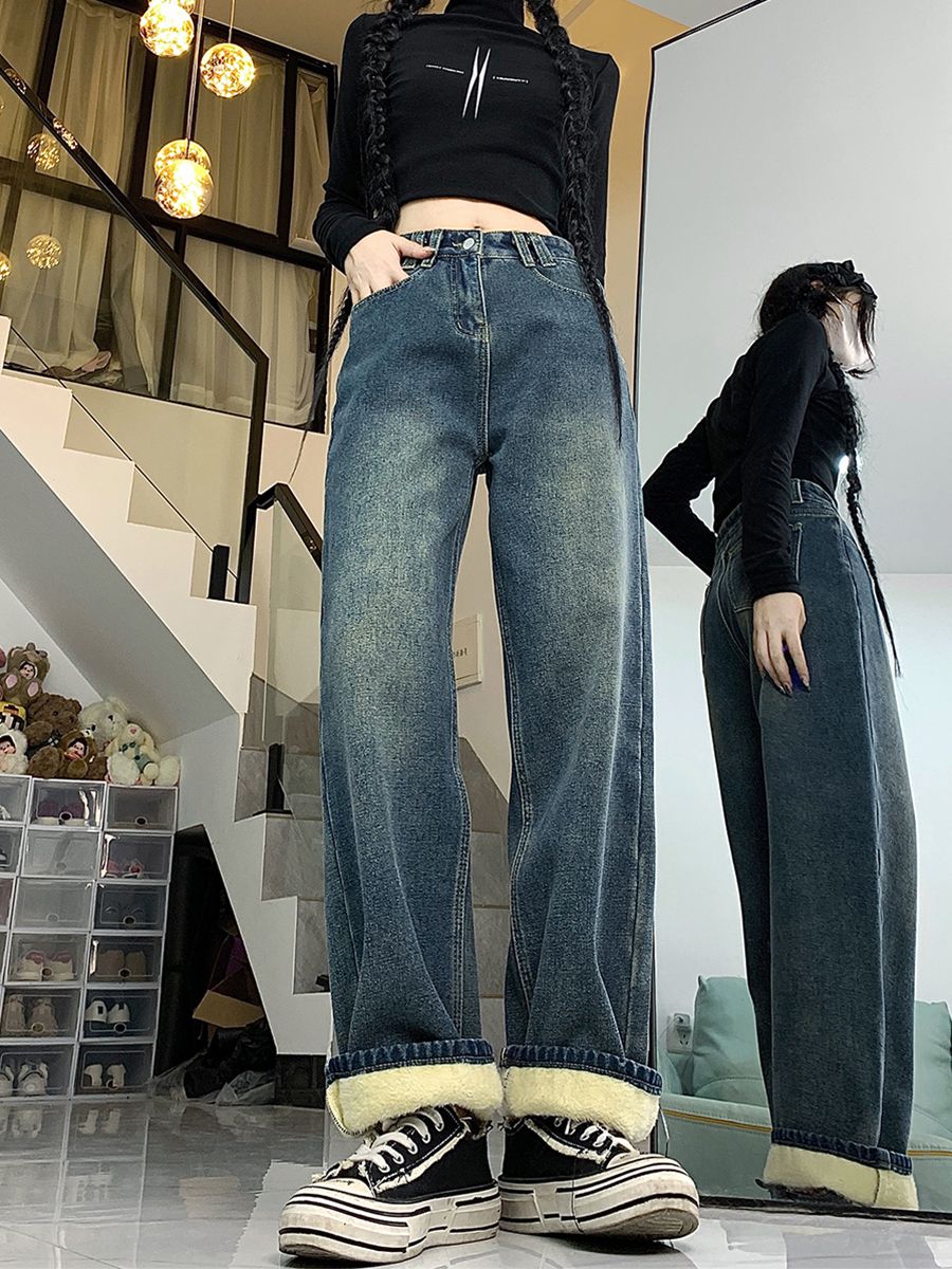 加絨加厚復古高腰牛仔褲女秋冬新款胖mm大碼顯瘦寬鬆直筒闊腿褲子