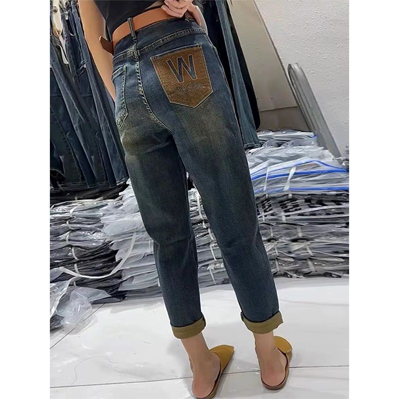 大碼加絨彈力哈倫牛仔褲女秋冬小個子高腰顯瘦九分直筒老爹蘿蔔褲