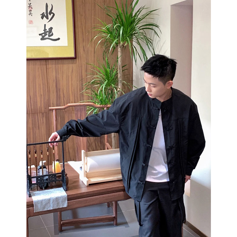 New Chinese-style Tang suit shirt for men in spring and autumn niche design buttoned long-sleeved stand-up collar loose shirt top