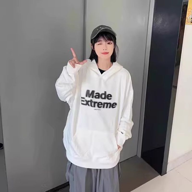 常莎國潮美式復古字母印花連帽衛衣女秋冬新款加絨加厚保暖外套潮